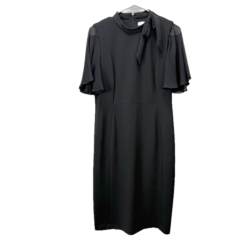 Calvin Klein Black Bow Neck Chiffon Sleeve Stretch Crepe Sheath Dress Size 12 - Picture 4 of 12